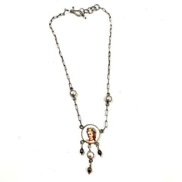 Handmade Vintage Unique RARE Sterling Silver & Pearl Gibson Girl Necklace - Picture 3 of 3
